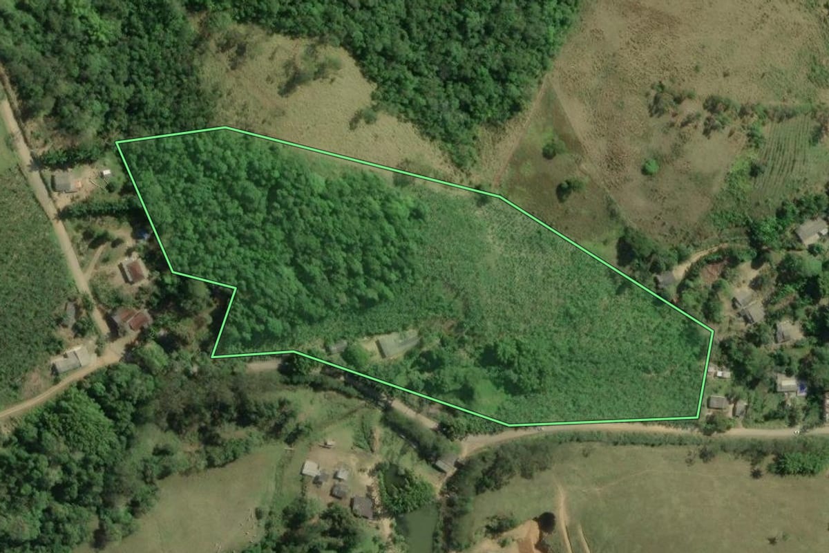 Imagem de satélite do imóvel rural em Jacupiranga (SP), com o contorno declarado no CAR desenhado por cima.