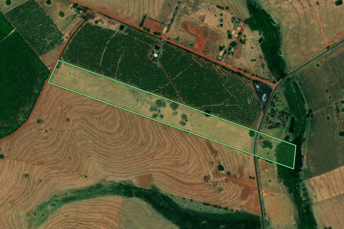 Imagem de satélite do imóvel rural em Jales (SP), com o contorno declarado no CAR desenhado por cima.