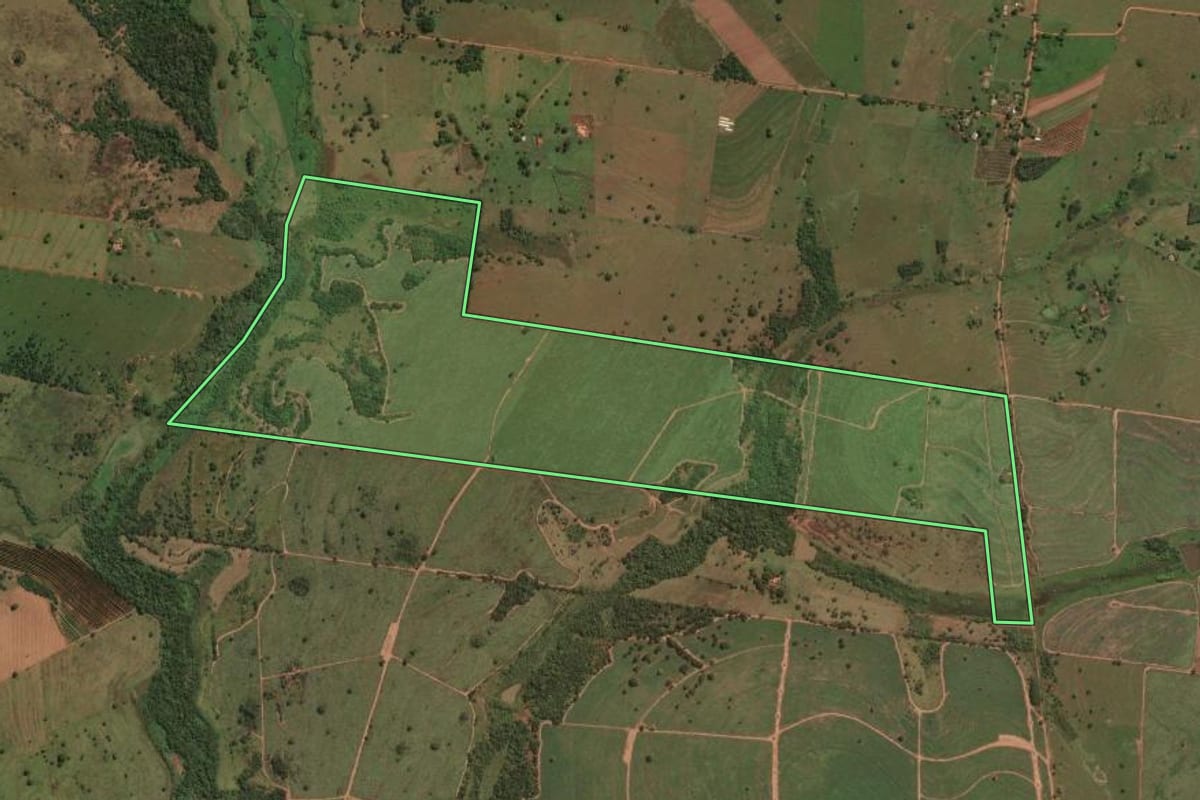 Imagem de satélite do imóvel rural em Jales (SP), com o contorno declarado no CAR desenhado por cima.
