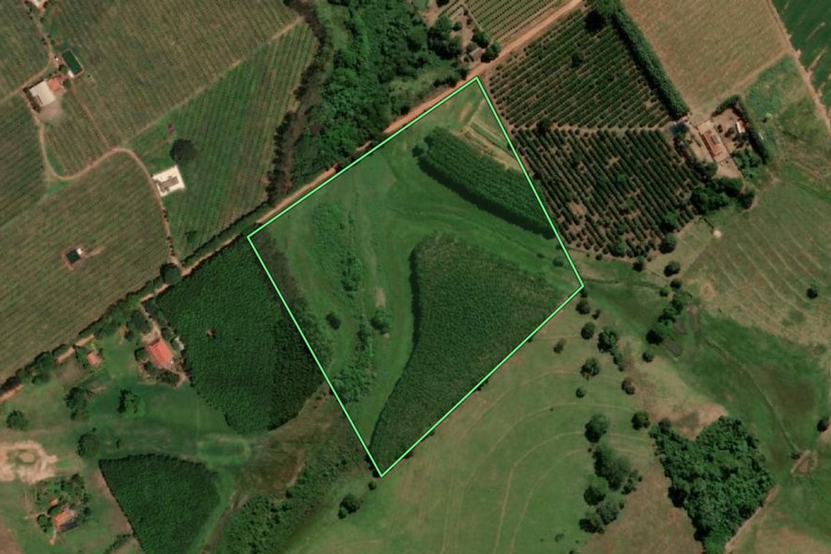 Imagem de satélite do imóvel rural em Jales (SP), com o contorno declarado no CAR desenhado por cima.