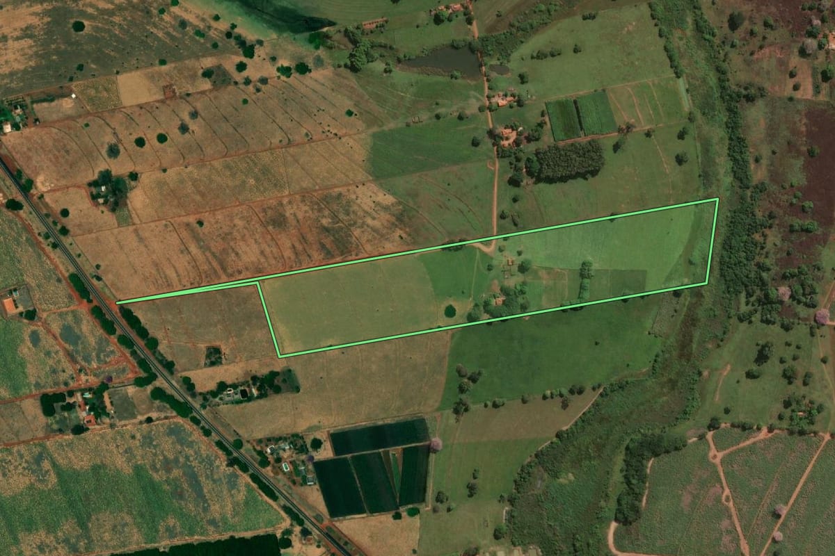 Imagem de satélite do imóvel rural em Jales (SP), com o contorno declarado no CAR desenhado por cima.