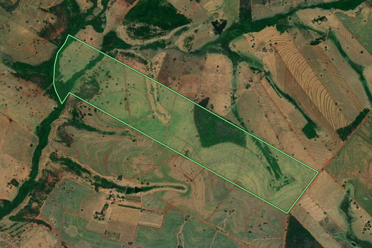 Imagem de satélite do imóvel rural em Jales (SP), com o contorno declarado no CAR desenhado por cima.