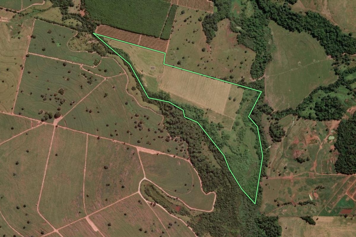 Imagem de satélite do imóvel rural em Jales (SP), com o contorno declarado no CAR desenhado por cima.