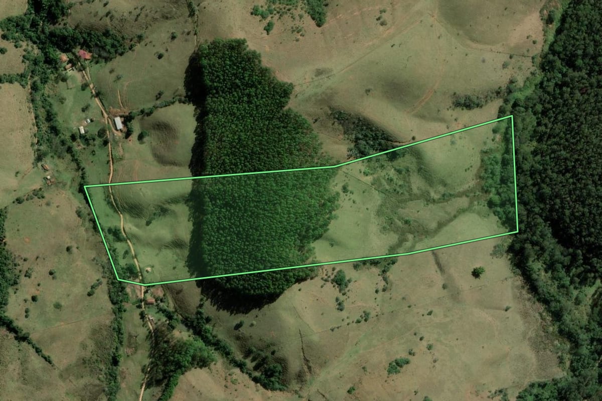 Imagem de satélite do imóvel rural em Jambeiro (SP), com o contorno declarado no CAR desenhado por cima.