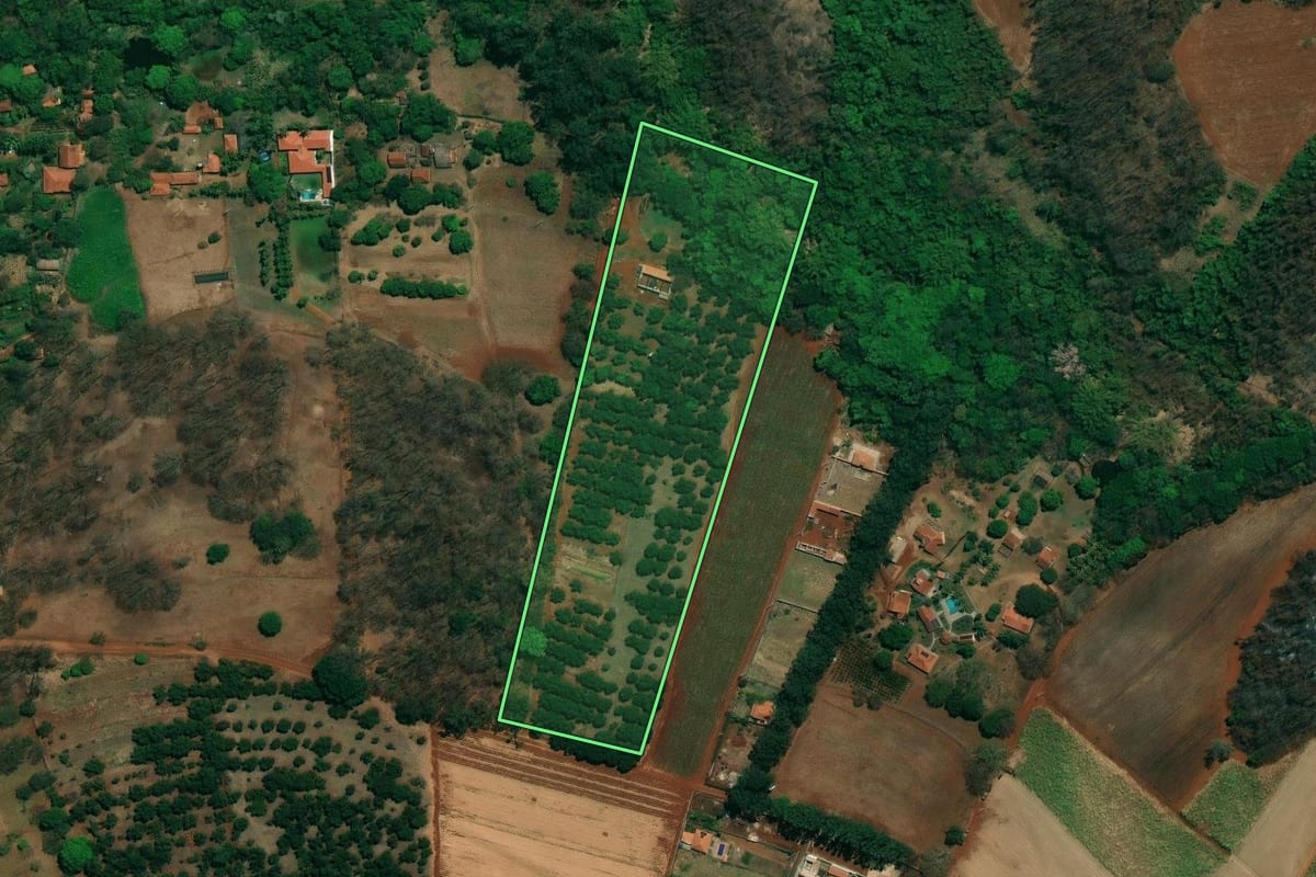 Imagem de satélite do imóvel rural em Jardinópolis (SP), com o contorno declarado no CAR desenhado por cima.