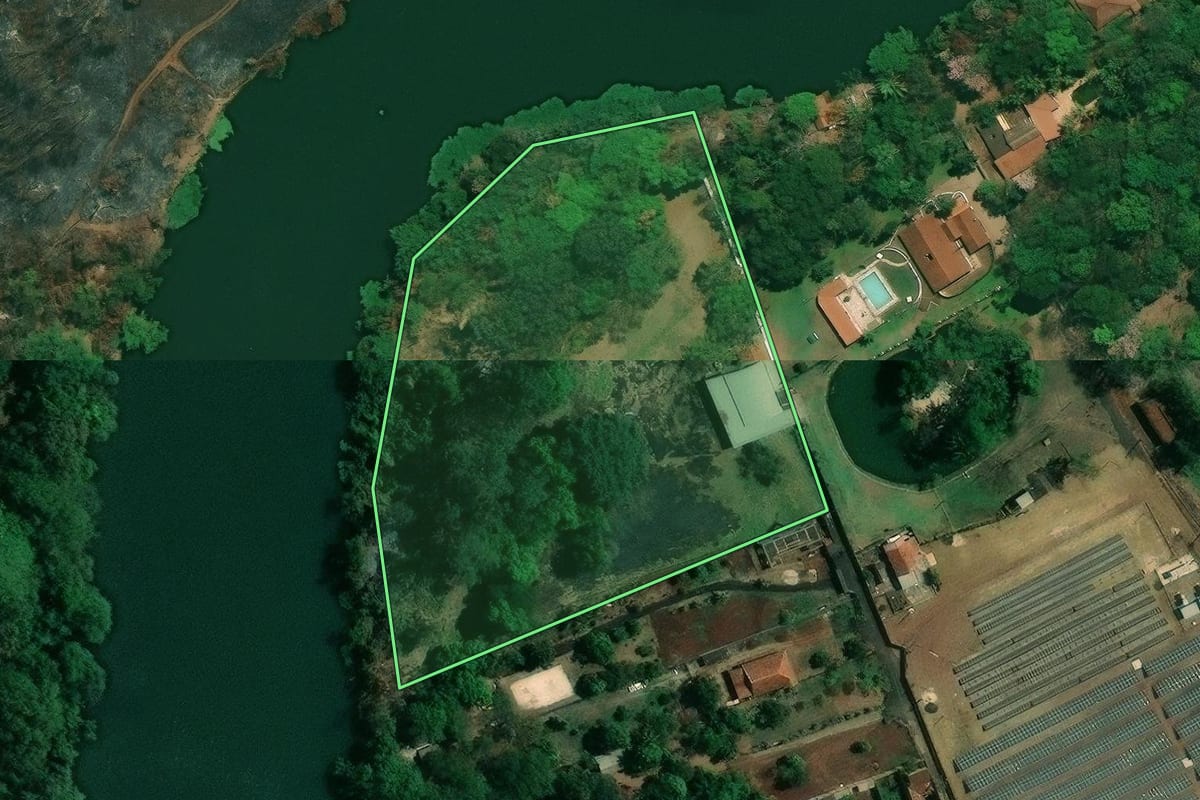 Imagem de satélite do imóvel rural em Jardinópolis (SP), com o contorno declarado no CAR desenhado por cima.