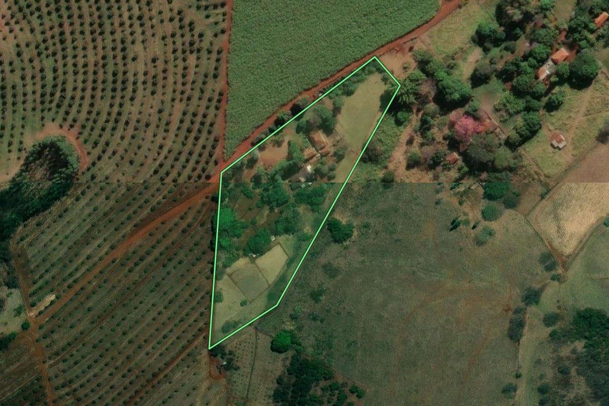 Imagem de satélite do imóvel rural em Jardinópolis (SP), com o contorno declarado no CAR desenhado por cima.