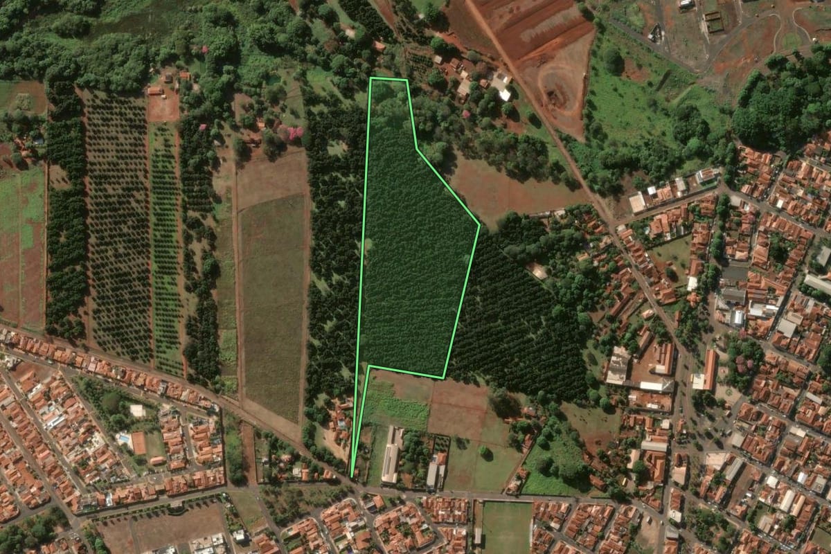 Imagem de satélite do imóvel rural em Jardinópolis (SP), com o contorno declarado no CAR desenhado por cima.