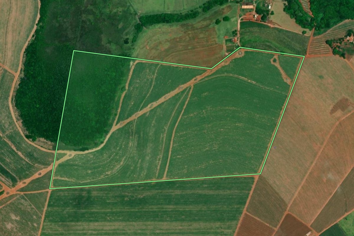 Imagem de satélite do imóvel rural em Jaú (SP), com o contorno declarado no CAR desenhado por cima.
