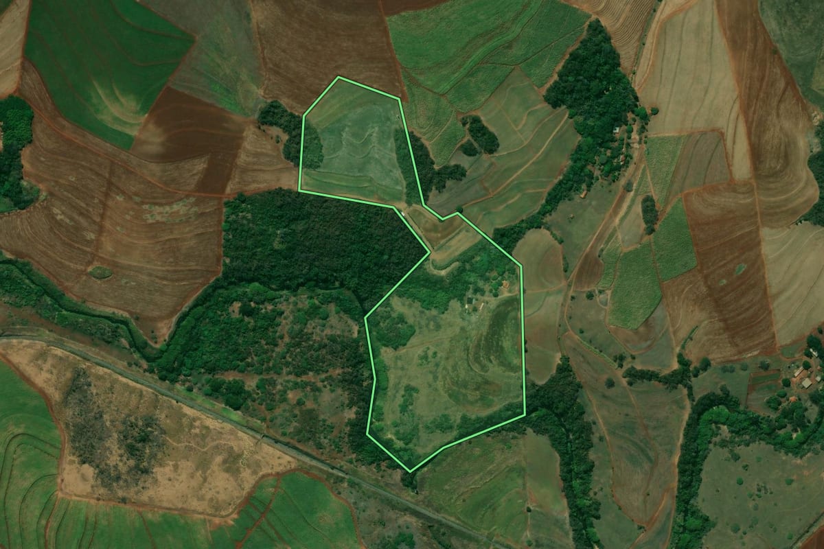 Imagem de satélite do imóvel rural em Jaú (SP), com o contorno declarado no CAR desenhado por cima.