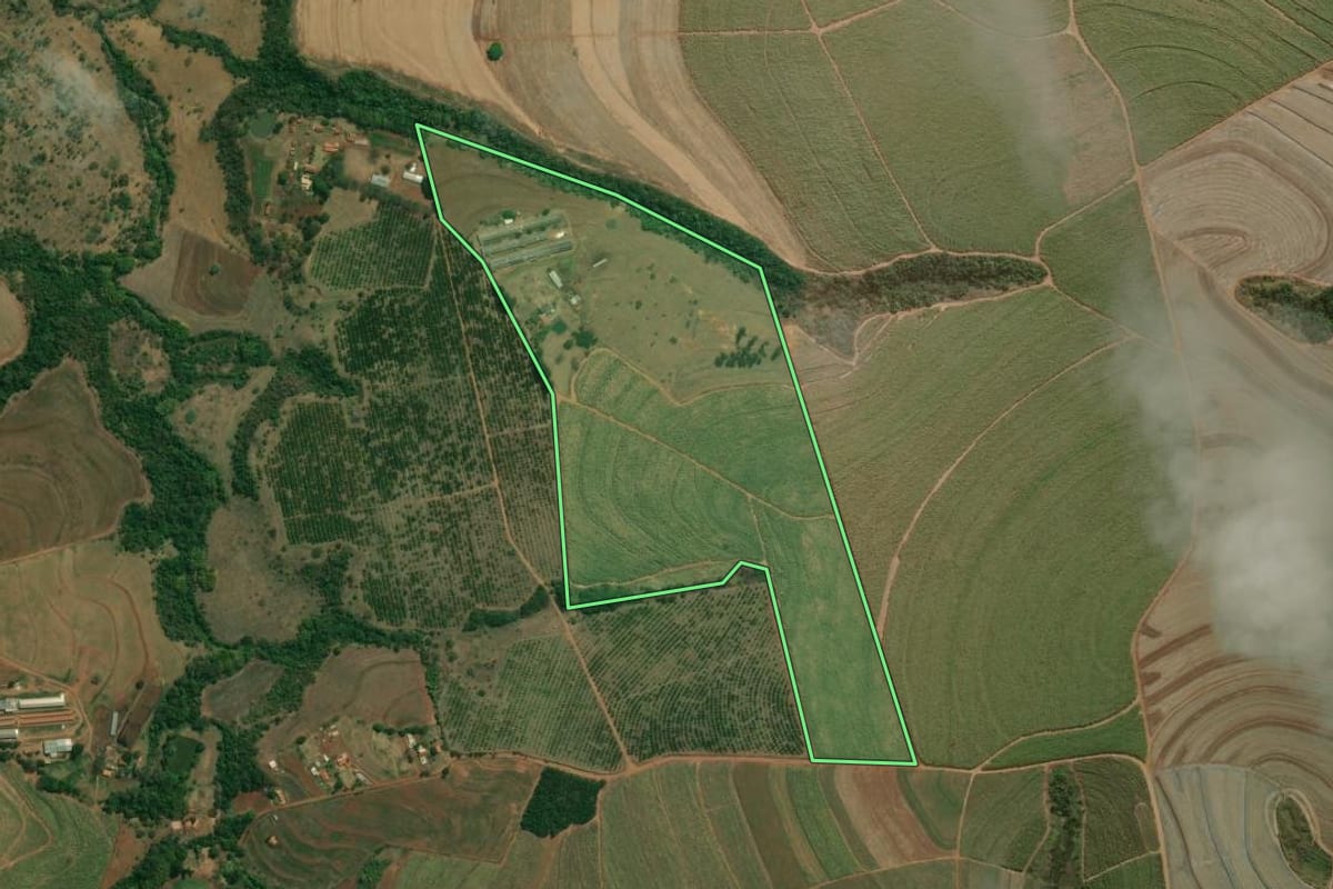 Imagem de satélite do imóvel rural em Jaú (SP), com o contorno declarado no CAR desenhado por cima.