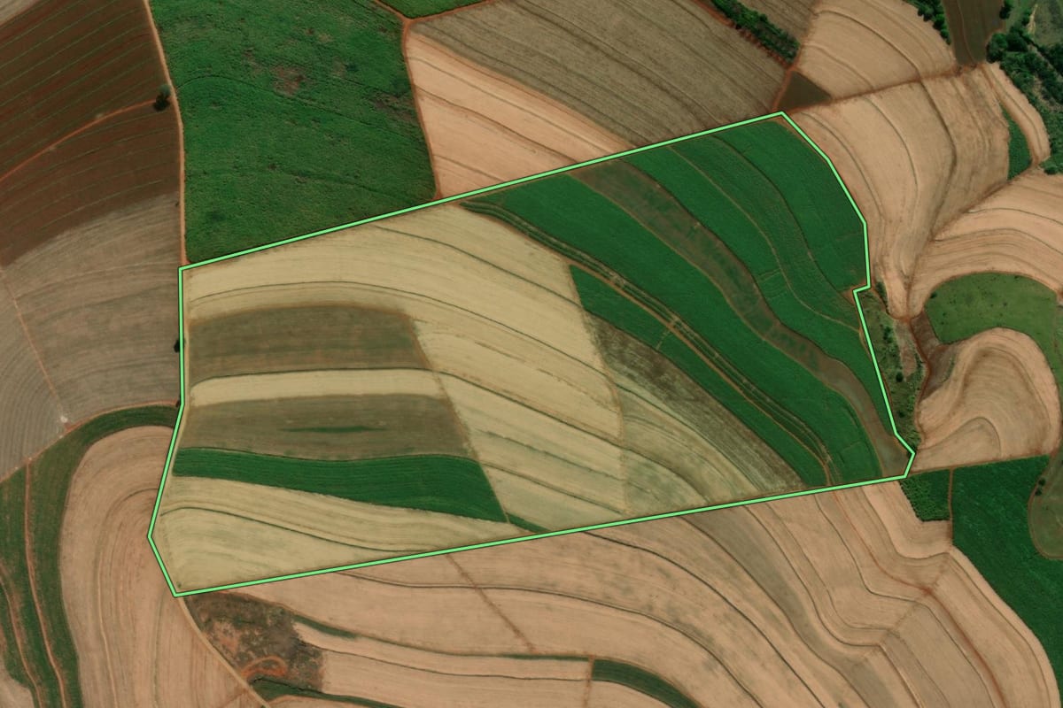 Imagem de satélite do imóvel rural em Jaú (SP), com o contorno declarado no CAR desenhado por cima.