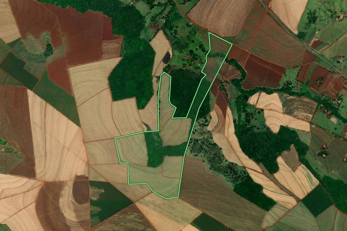 Imagem de satélite do imóvel rural em Jaú (SP), com o contorno declarado no CAR desenhado por cima.