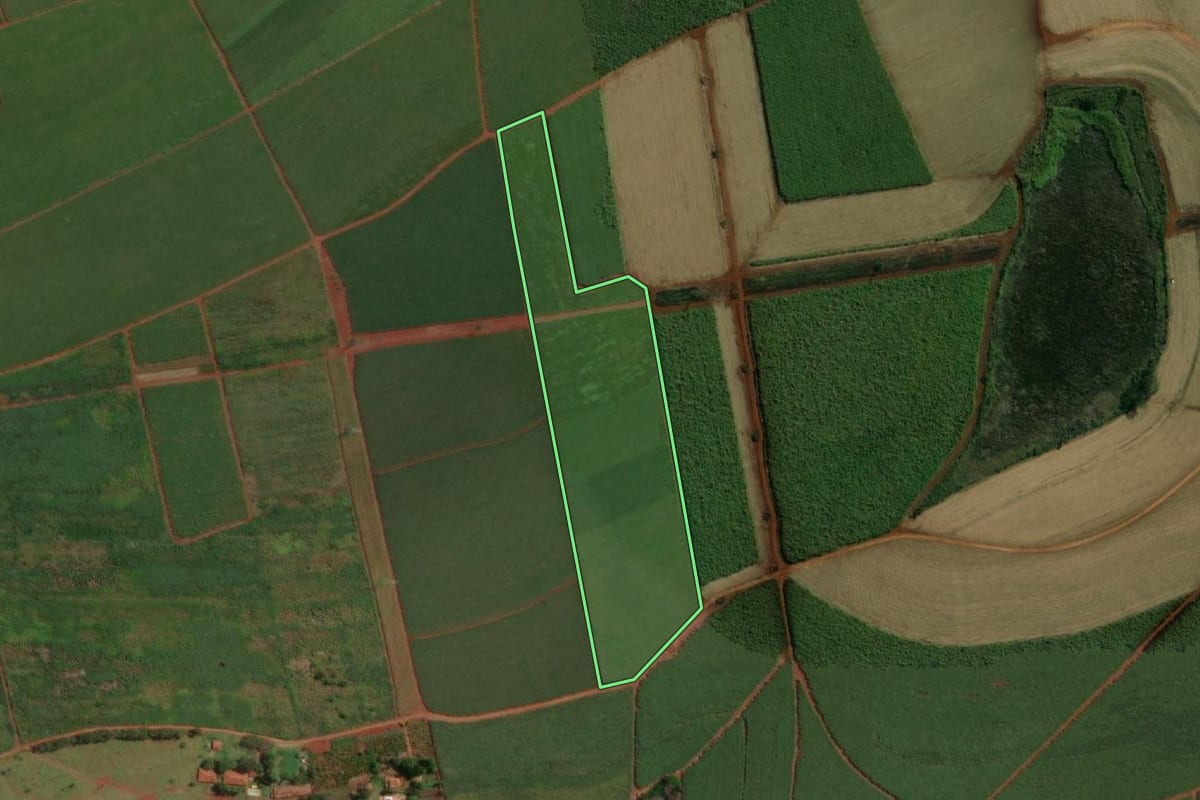 Imagem de satélite do imóvel rural em Jaú (SP), com o contorno declarado no CAR desenhado por cima.