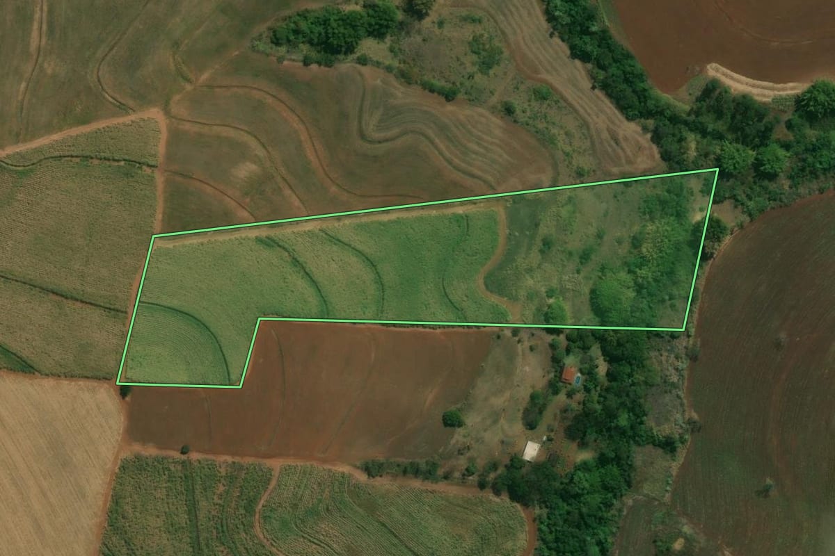 Imagem de satélite do imóvel rural em Jaú (SP), com o contorno declarado no CAR desenhado por cima.
