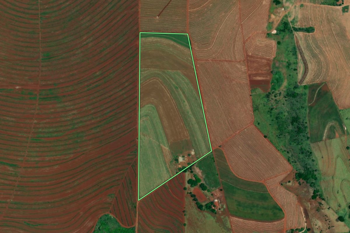 Imagem de satélite do imóvel rural em Jaú (SP), com o contorno declarado no CAR desenhado por cima.