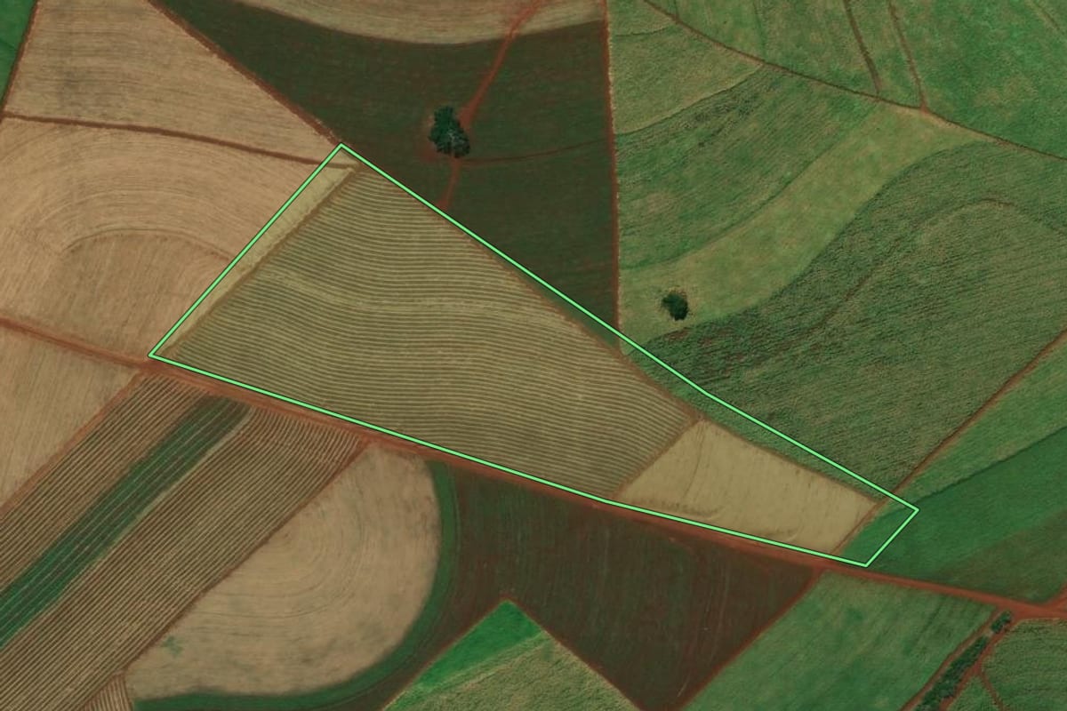 Imagem de satélite do imóvel rural em Jaú (SP), com o contorno declarado no CAR desenhado por cima.