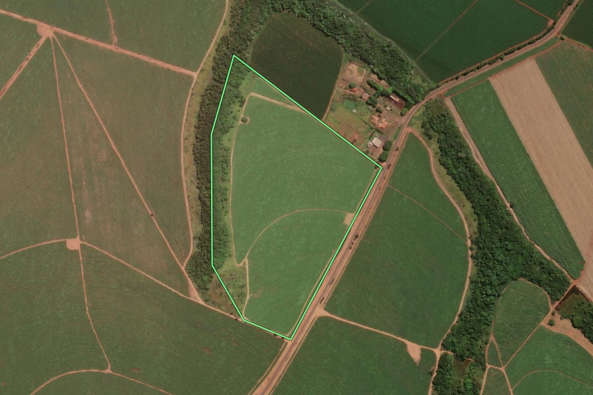 Imagem de satélite do imóvel rural em Jeriquara (SP), com o contorno declarado no CAR desenhado por cima.