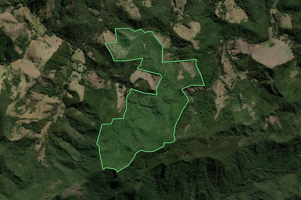 Imagem de satélite do imóvel rural em Joanópolis (SP), com o contorno declarado no CAR desenhado por cima.