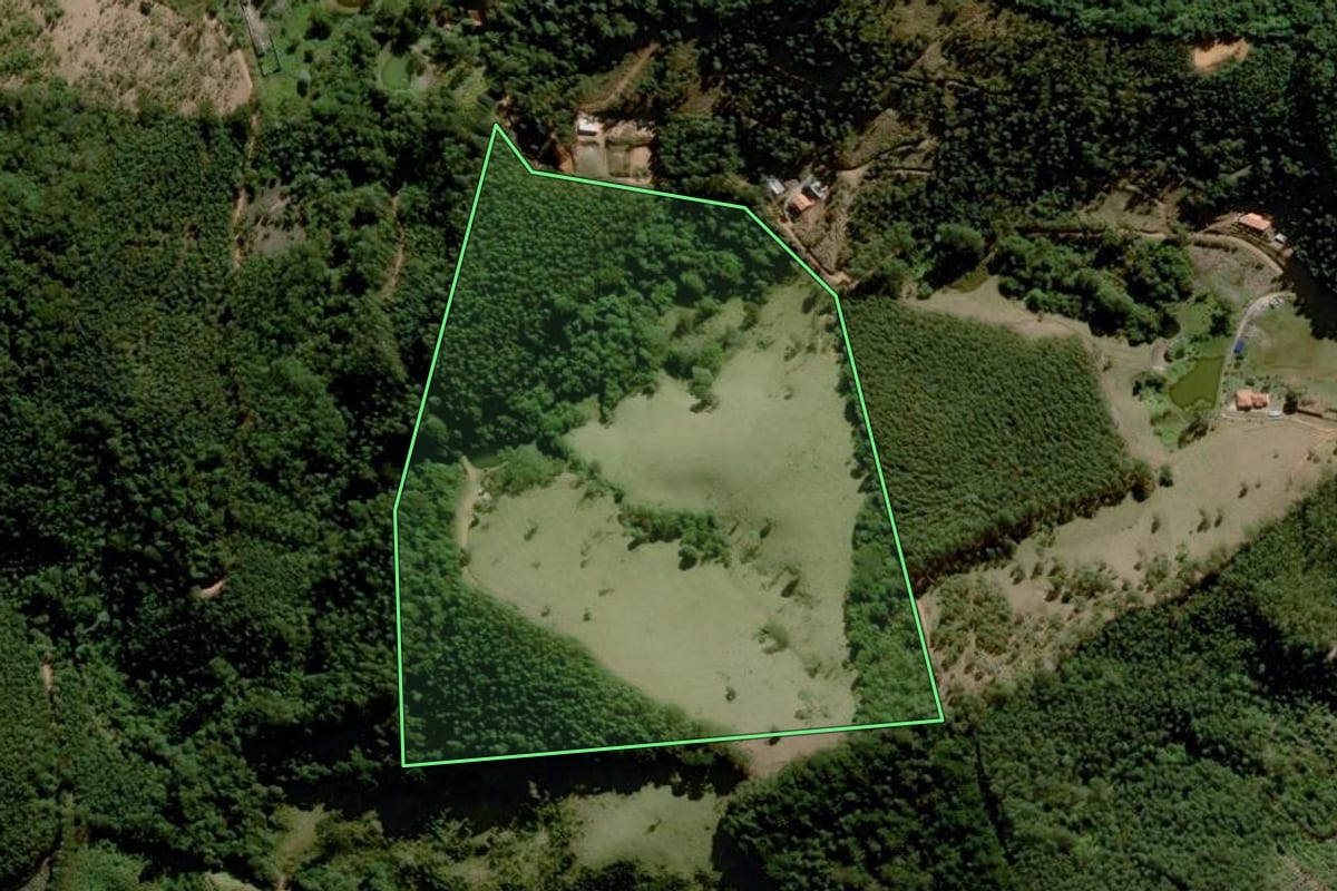 Imagem de satélite do imóvel rural em Joanópolis (SP), com o contorno declarado no CAR desenhado por cima.