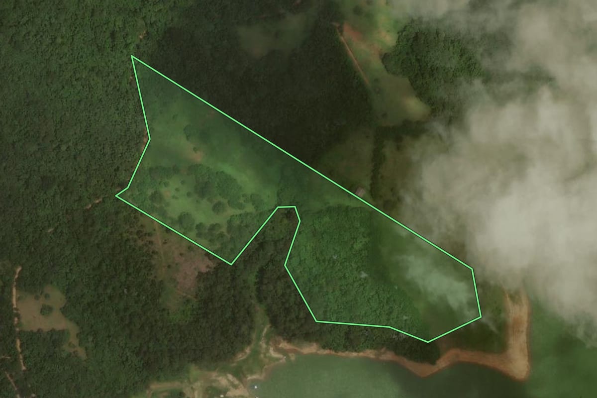 Imagem de satélite do imóvel rural em Joanópolis (SP), com o contorno declarado no CAR desenhado por cima.