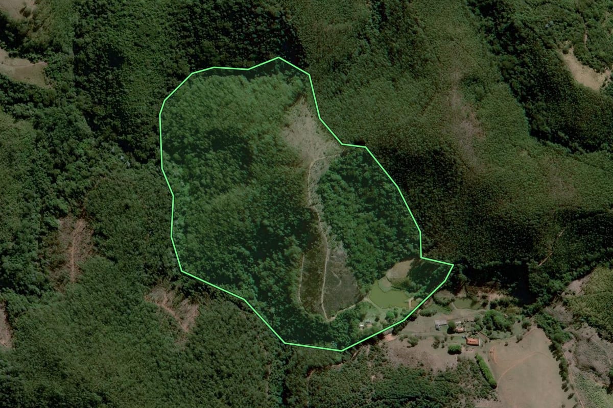 Imagem de satélite do imóvel rural em Joanópolis (SP), com o contorno declarado no CAR desenhado por cima.