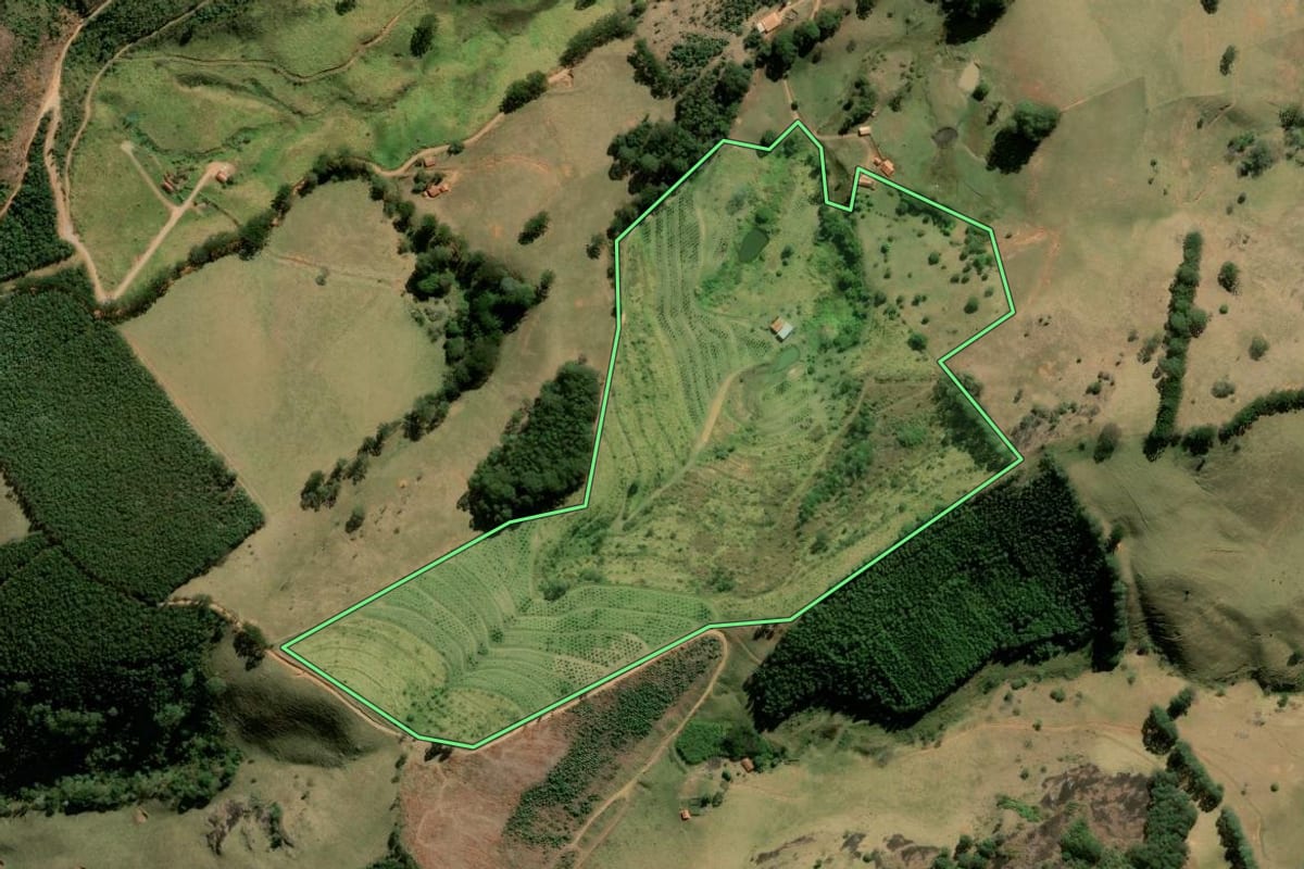 Imagem de satélite do imóvel rural em Joanópolis (SP), com o contorno declarado no CAR desenhado por cima.