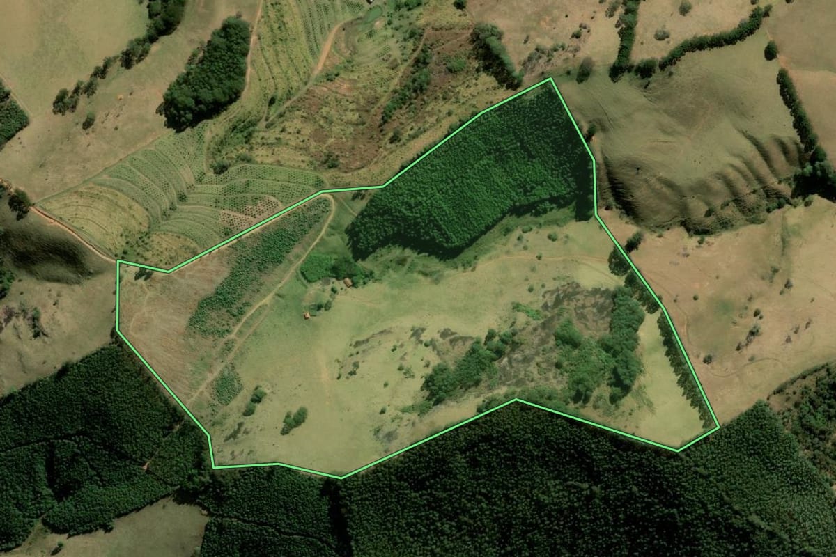 Imagem de satélite do imóvel rural em Joanópolis (SP), com o contorno declarado no CAR desenhado por cima.