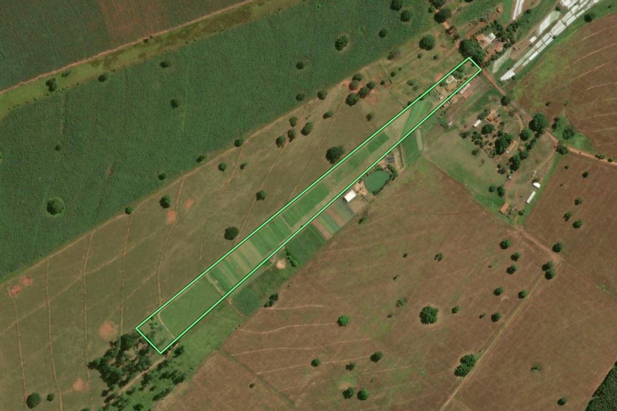 Imagem de satélite do imóvel rural em João Ramalho (SP), com o contorno declarado no CAR desenhado por cima.