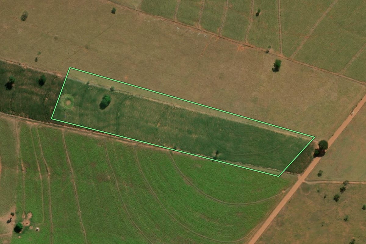 Imagem de satélite do imóvel rural em João Ramalho (SP), com o contorno declarado no CAR desenhado por cima.