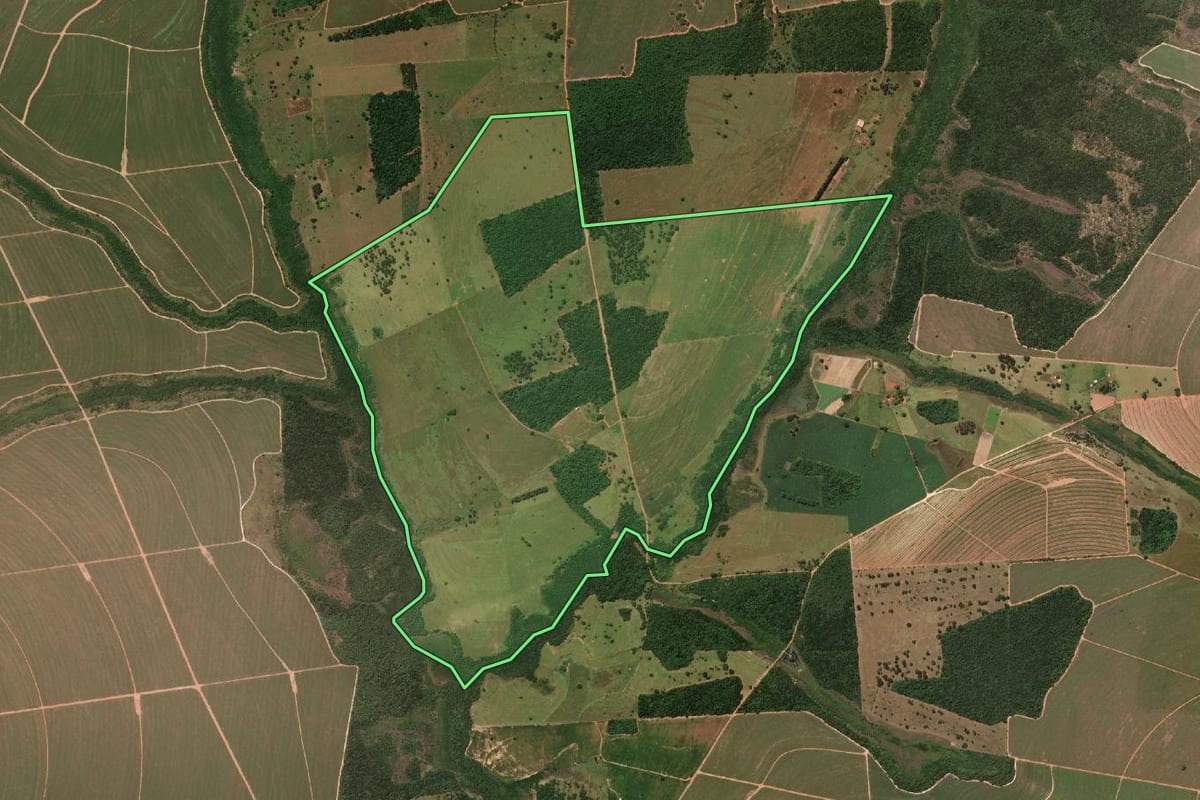 Imagem de satélite do imóvel rural em João Ramalho (SP), com o contorno declarado no CAR desenhado por cima.