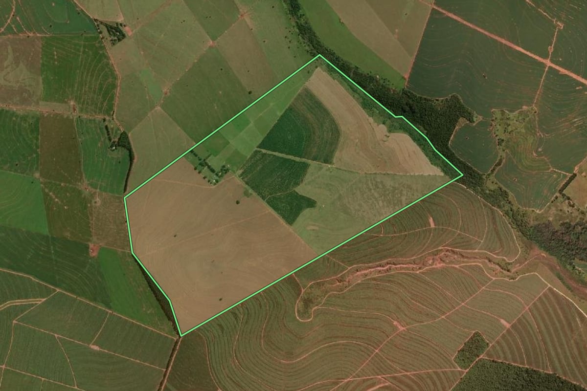 Imagem de satélite do imóvel rural em João Ramalho (SP), com o contorno declarado no CAR desenhado por cima.