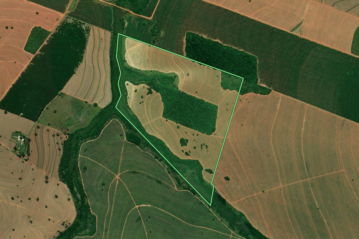 Imagem de satélite do imóvel rural em João Ramalho (SP), com o contorno declarado no CAR desenhado por cima.