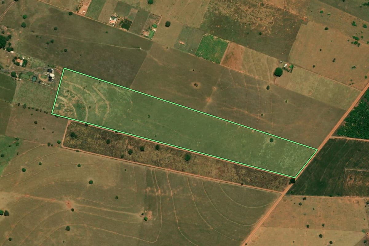 Imagem de satélite do imóvel rural em João Ramalho (SP), com o contorno declarado no CAR desenhado por cima.