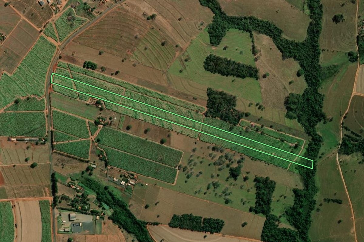 Imagem de satélite do imóvel rural em José Bonifácio (SP), com o contorno declarado no CAR desenhado por cima.