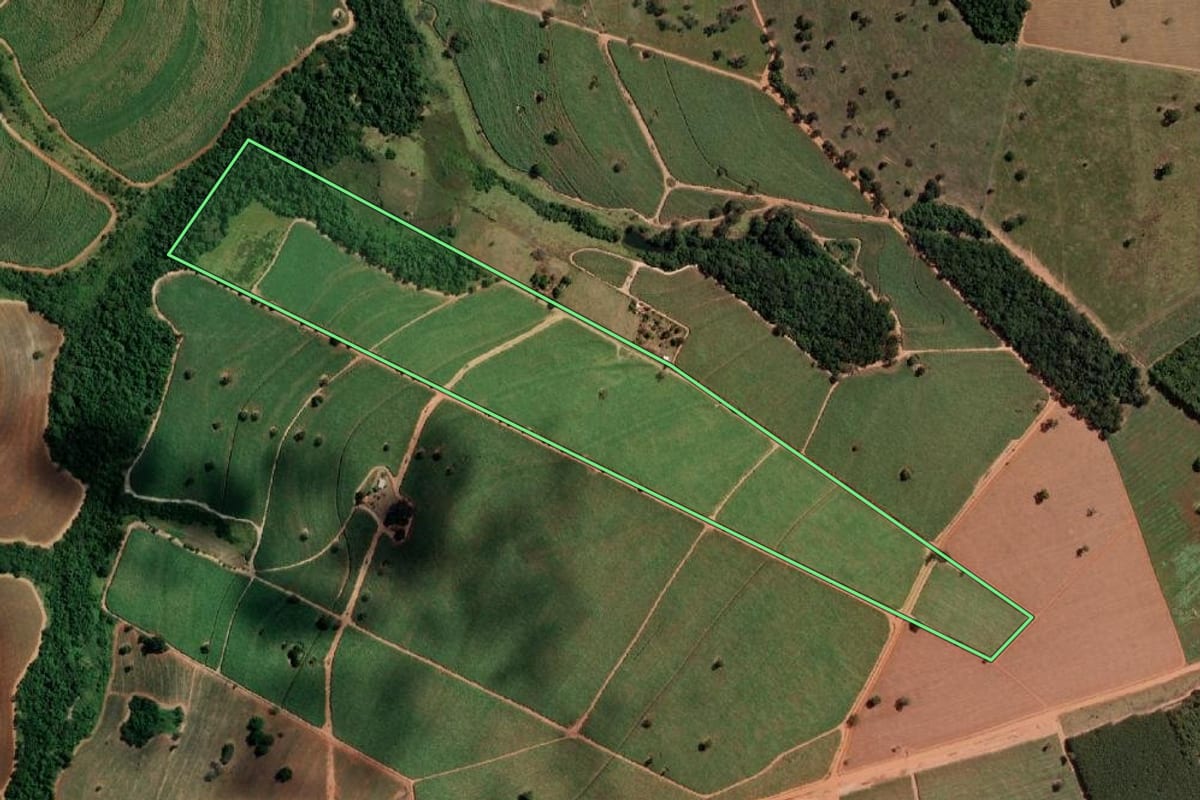 Imagem de satélite do imóvel rural em José Bonifácio (SP), com o contorno declarado no CAR desenhado por cima.