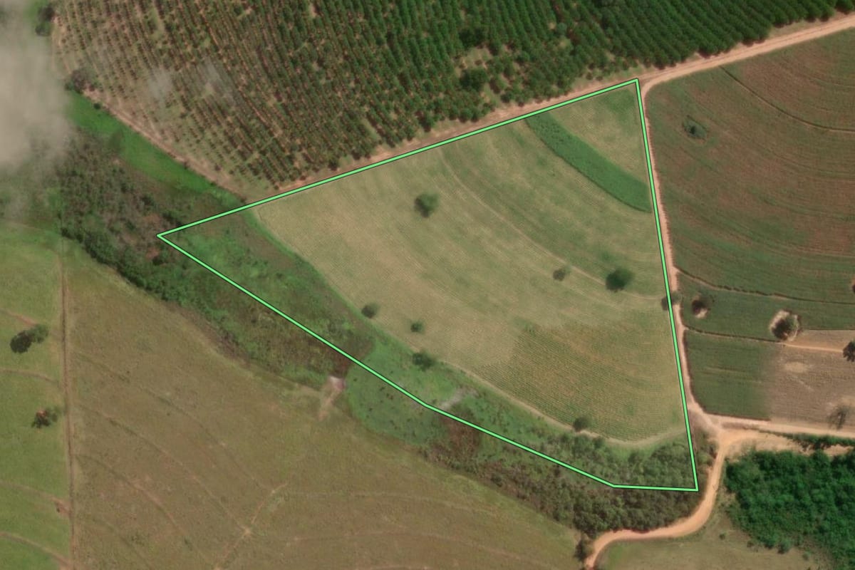 Imagem de satélite do imóvel rural em José Bonifácio (SP), com o contorno declarado no CAR desenhado por cima.