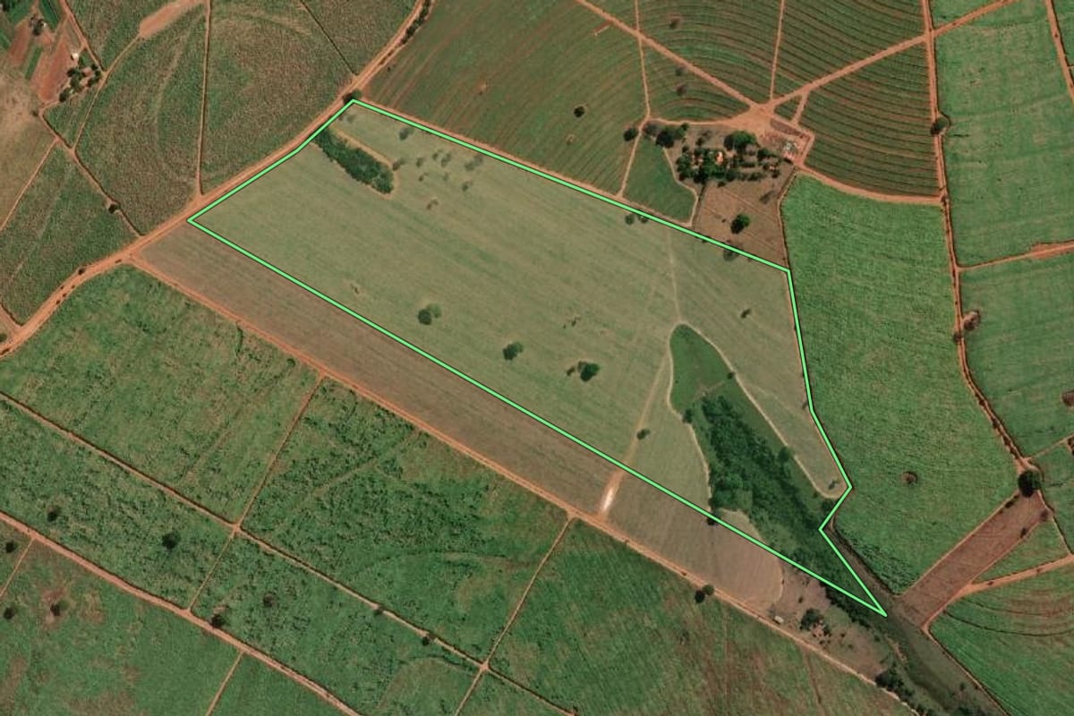 Imagem de satélite do imóvel rural em José Bonifácio (SP), com o contorno declarado no CAR desenhado por cima.