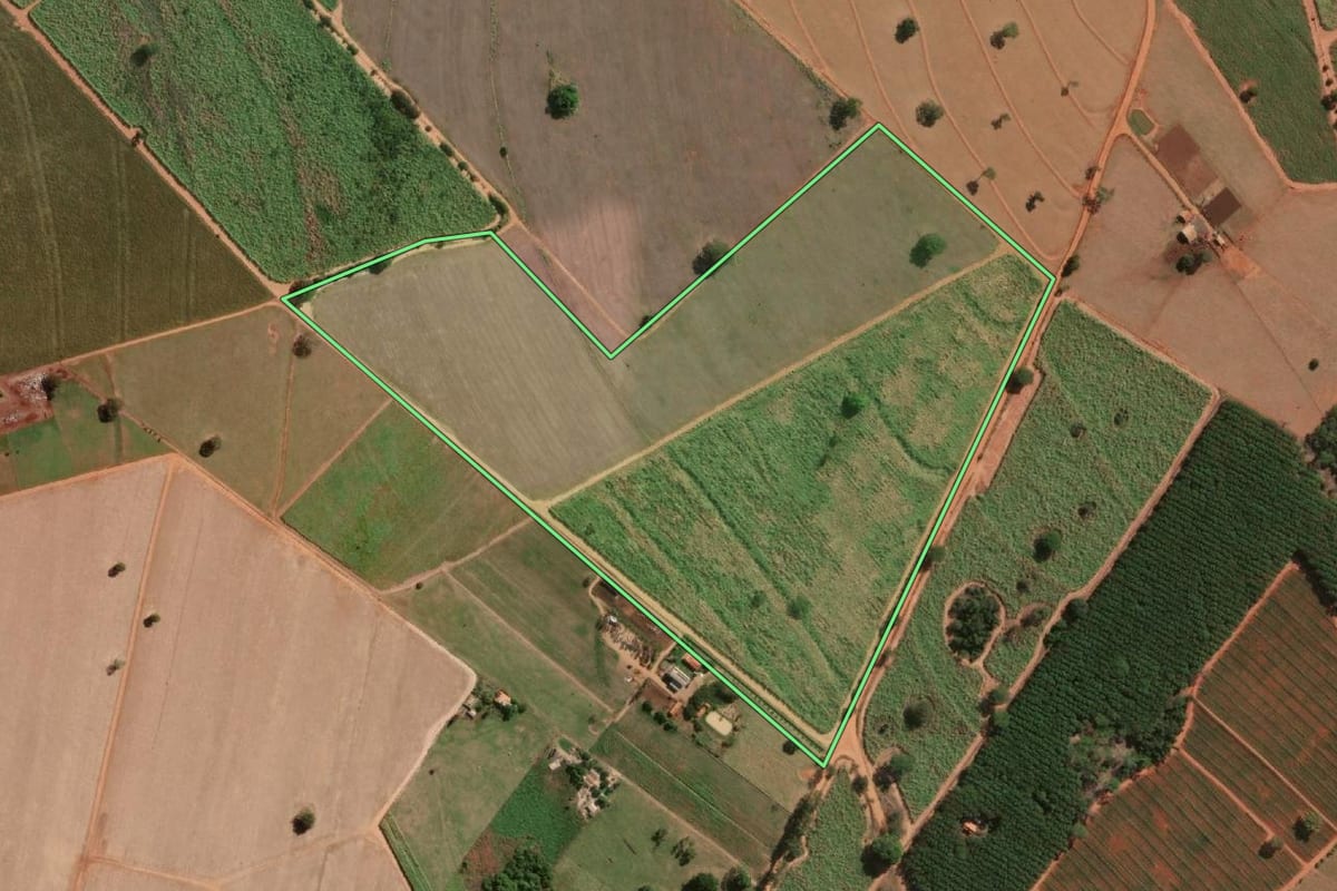 Imagem de satélite do imóvel rural em José Bonifácio (SP), com o contorno declarado no CAR desenhado por cima.