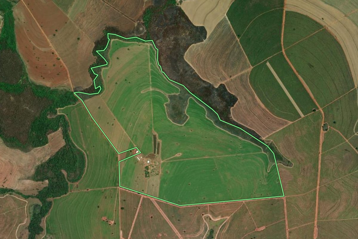 Imagem de satélite do imóvel rural em José Bonifácio (SP), com o contorno declarado no CAR desenhado por cima.