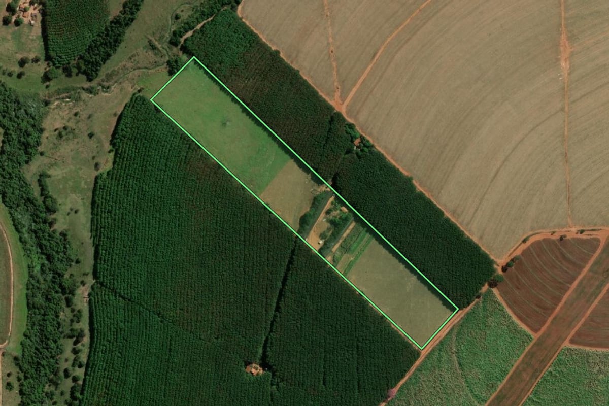 Imagem de satélite do imóvel rural em José Bonifácio (SP), com o contorno declarado no CAR desenhado por cima.