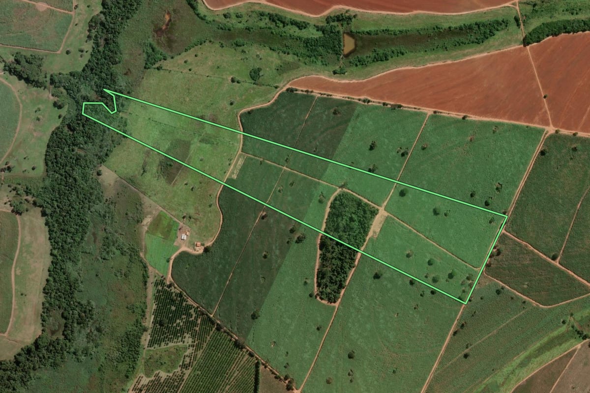 Imagem de satélite do imóvel rural em José Bonifácio (SP), com o contorno declarado no CAR desenhado por cima.