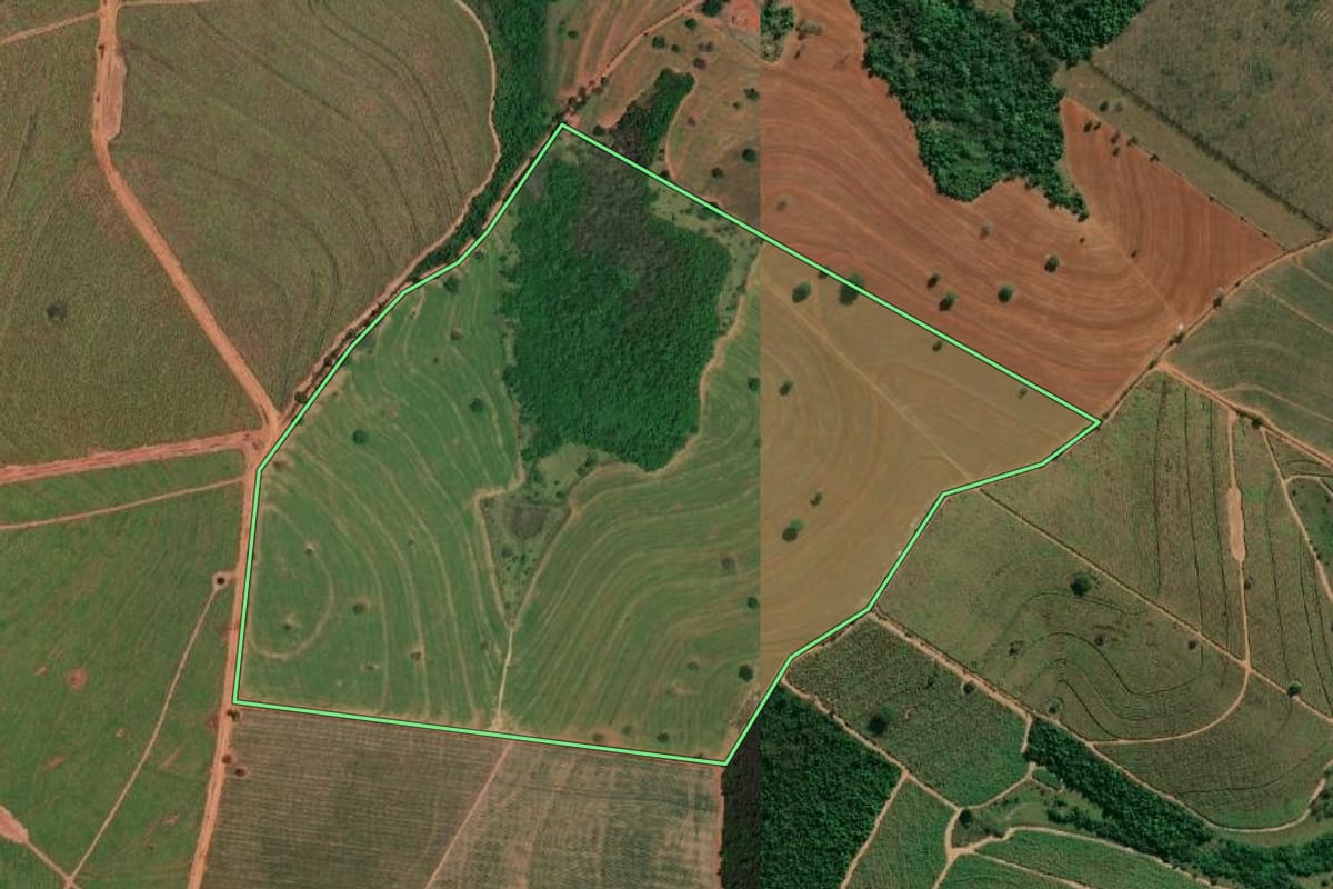 Imagem de satélite do imóvel rural em José Bonifácio (SP), com o contorno declarado no CAR desenhado por cima.