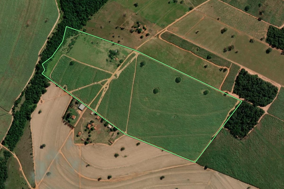 Imagem de satélite do imóvel rural em José Bonifácio (SP), com o contorno declarado no CAR desenhado por cima.