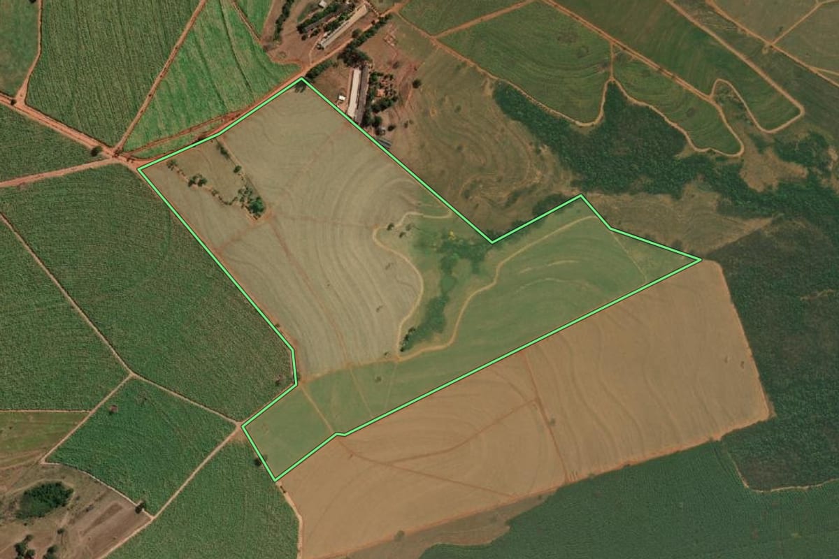 Imagem de satélite do imóvel rural em José Bonifácio (SP), com o contorno declarado no CAR desenhado por cima.
