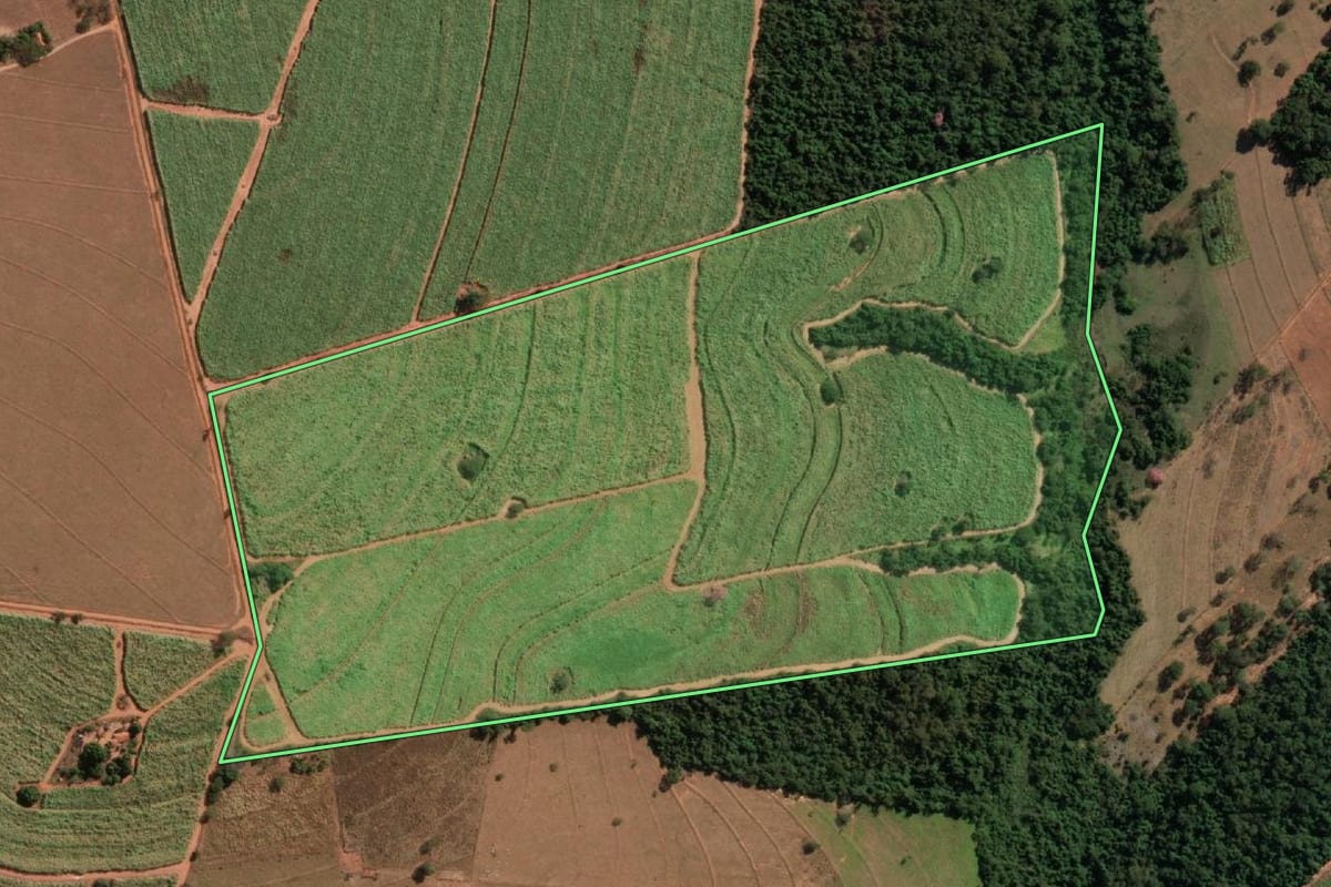 Imagem de satélite do imóvel rural em José Bonifácio (SP), com o contorno declarado no CAR desenhado por cima.