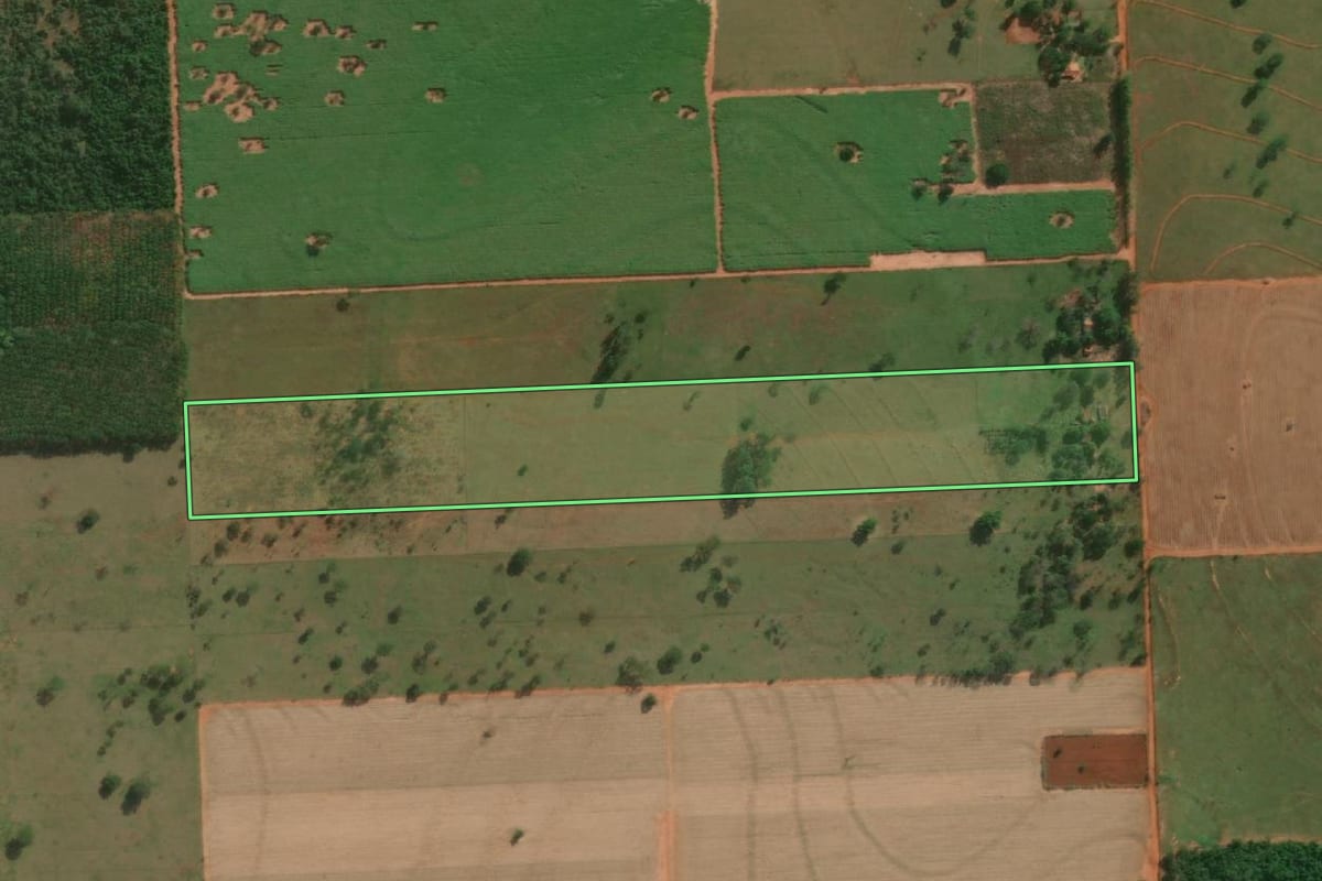Imagem de satélite do imóvel rural em Junqueirópolis (SP), com o contorno declarado no CAR desenhado por cima.