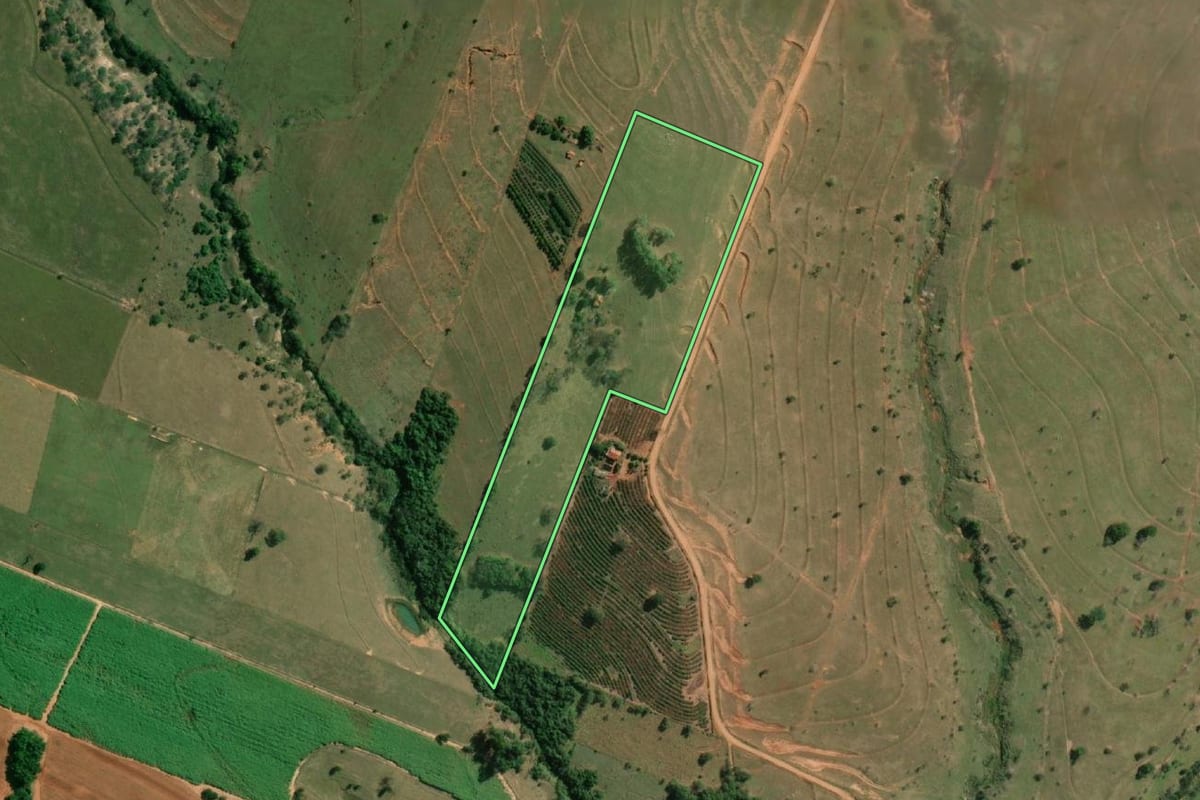 Imagem de satélite do imóvel rural em Junqueirópolis (SP), com o contorno declarado no CAR desenhado por cima.