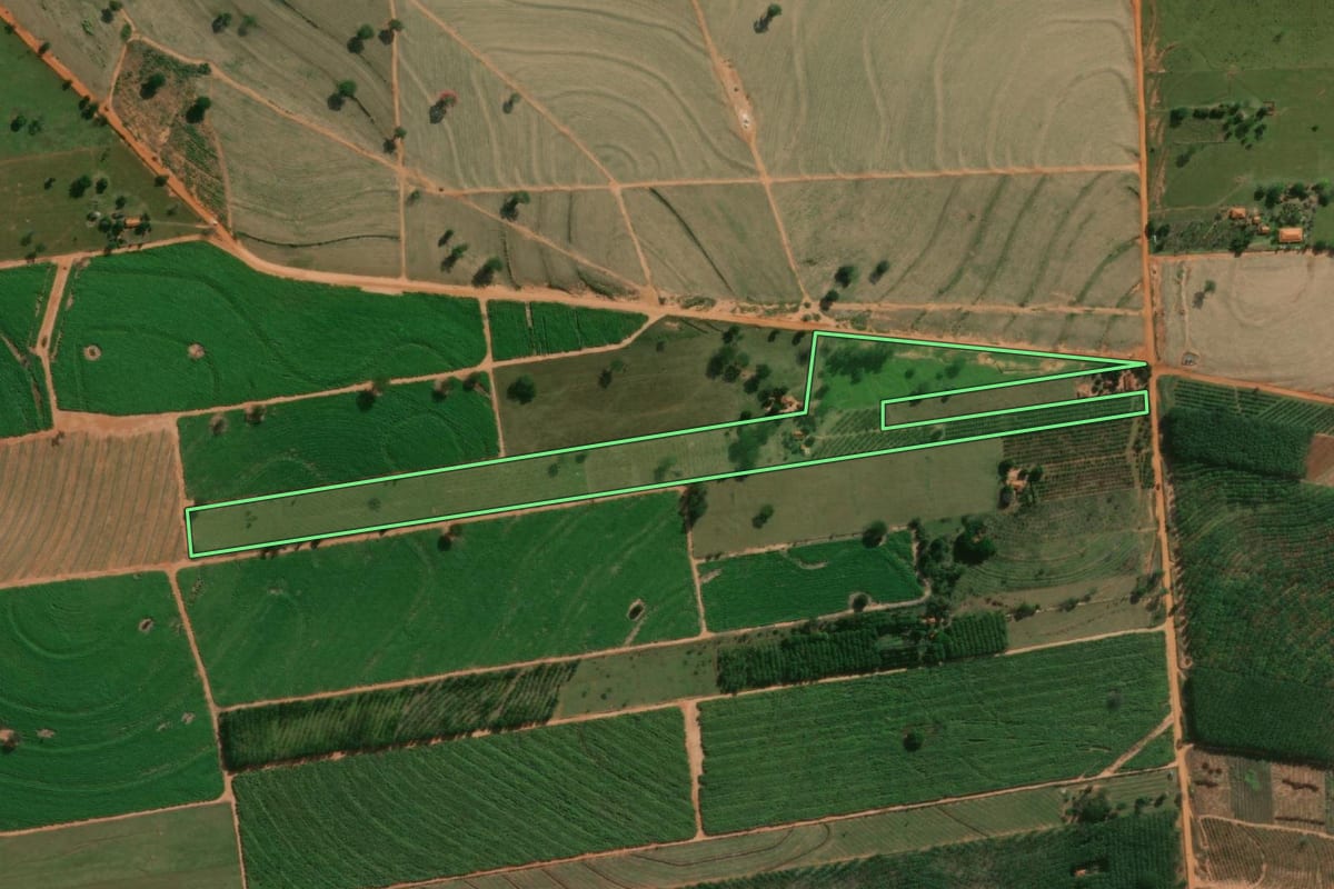Imagem de satélite do imóvel rural em Junqueirópolis (SP), com o contorno declarado no CAR desenhado por cima.