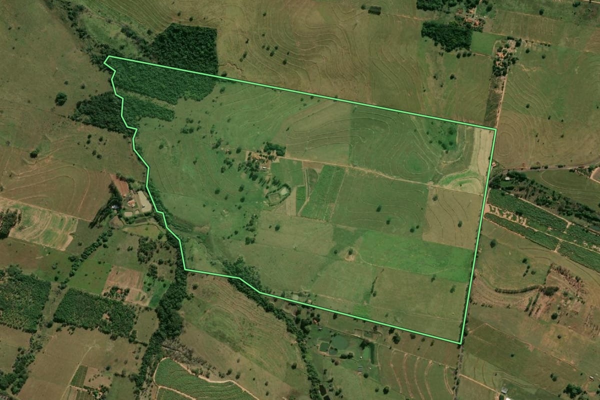 Imagem de satélite do imóvel rural em Junqueirópolis (SP), com o contorno declarado no CAR desenhado por cima.
